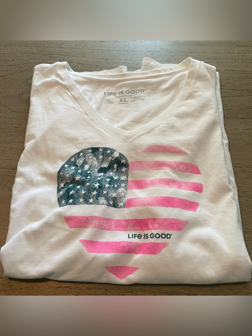 Ladies X-Large Life Is Good White V-Neck Tee with Pink Stripes & Blue Star Heart